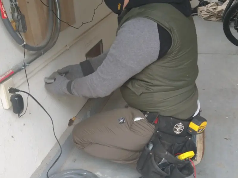 Electrician performing outlet wiring in a South Abington garage